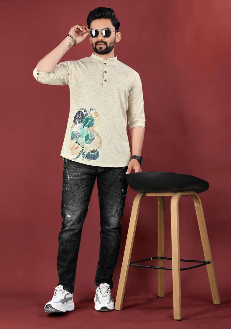 Cream Embroidered Cotton Kurta For Men - Indya