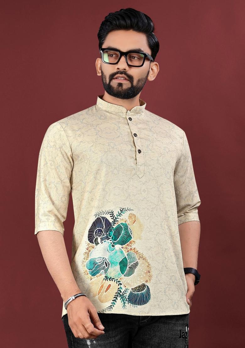 Cream Embroidered Cotton Kurta For Men