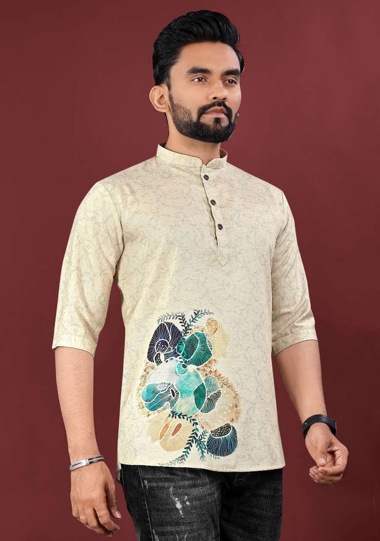 Cream Embroidered Cotton Kurta For Men - Indya