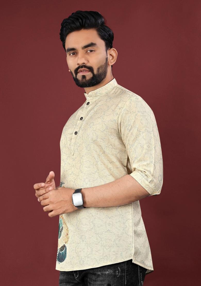 Cream Embroidered Cotton Kurta For Men