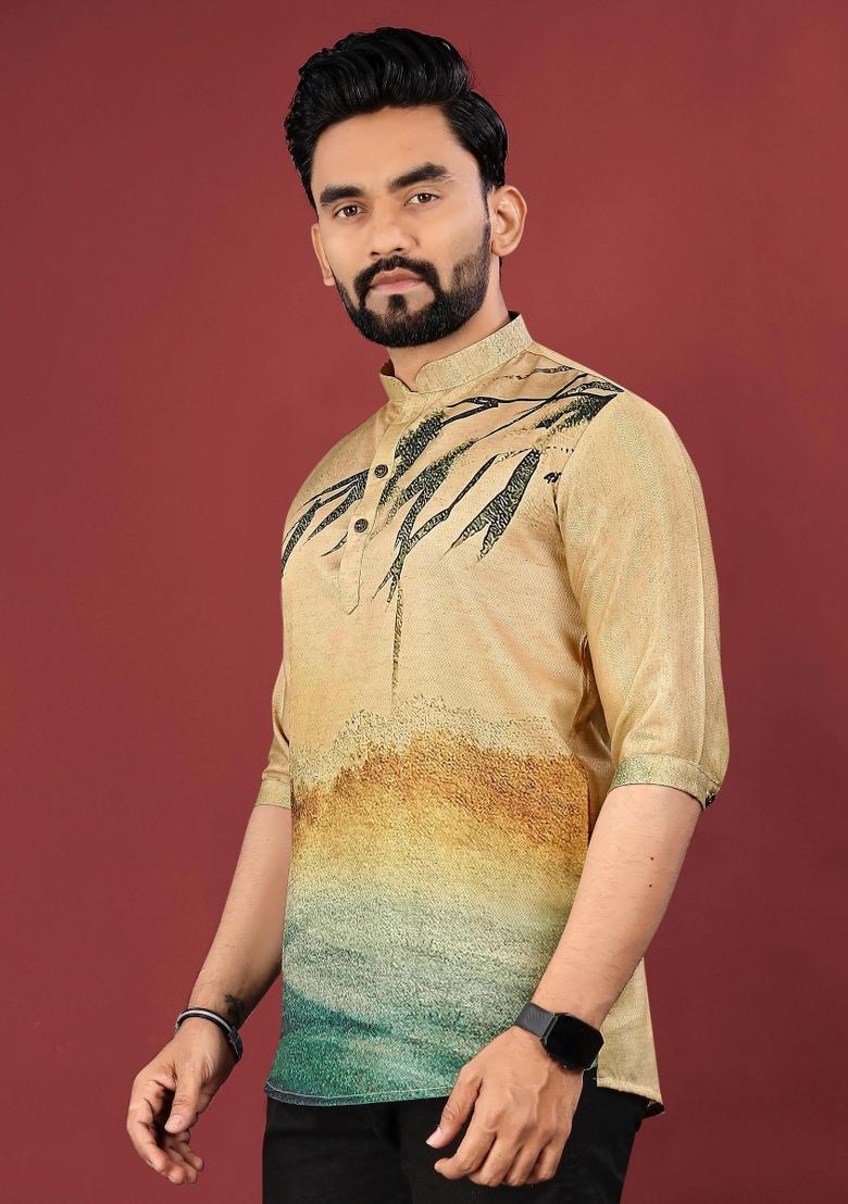 Beige Embroidered Cotton Kurta For Men