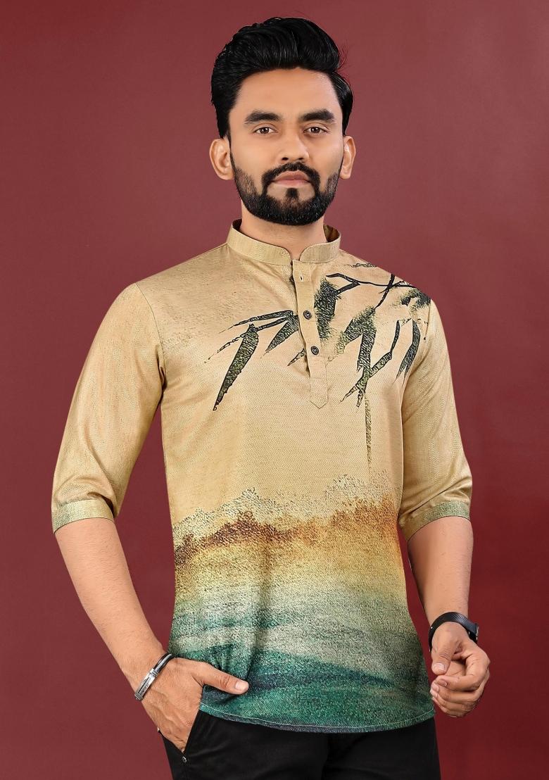 Beige Embroidered Cotton Kurta For Men