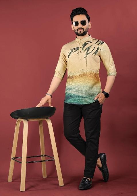 Beige Embroidered Cotton Kurta For Men