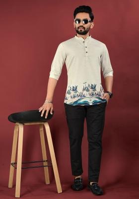 Off White Embroidered Cotton Kurta For Men