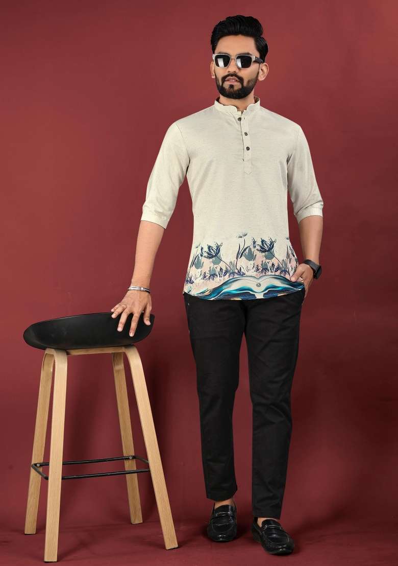 Off White Embroidered Cotton Kurta For Men - Indya