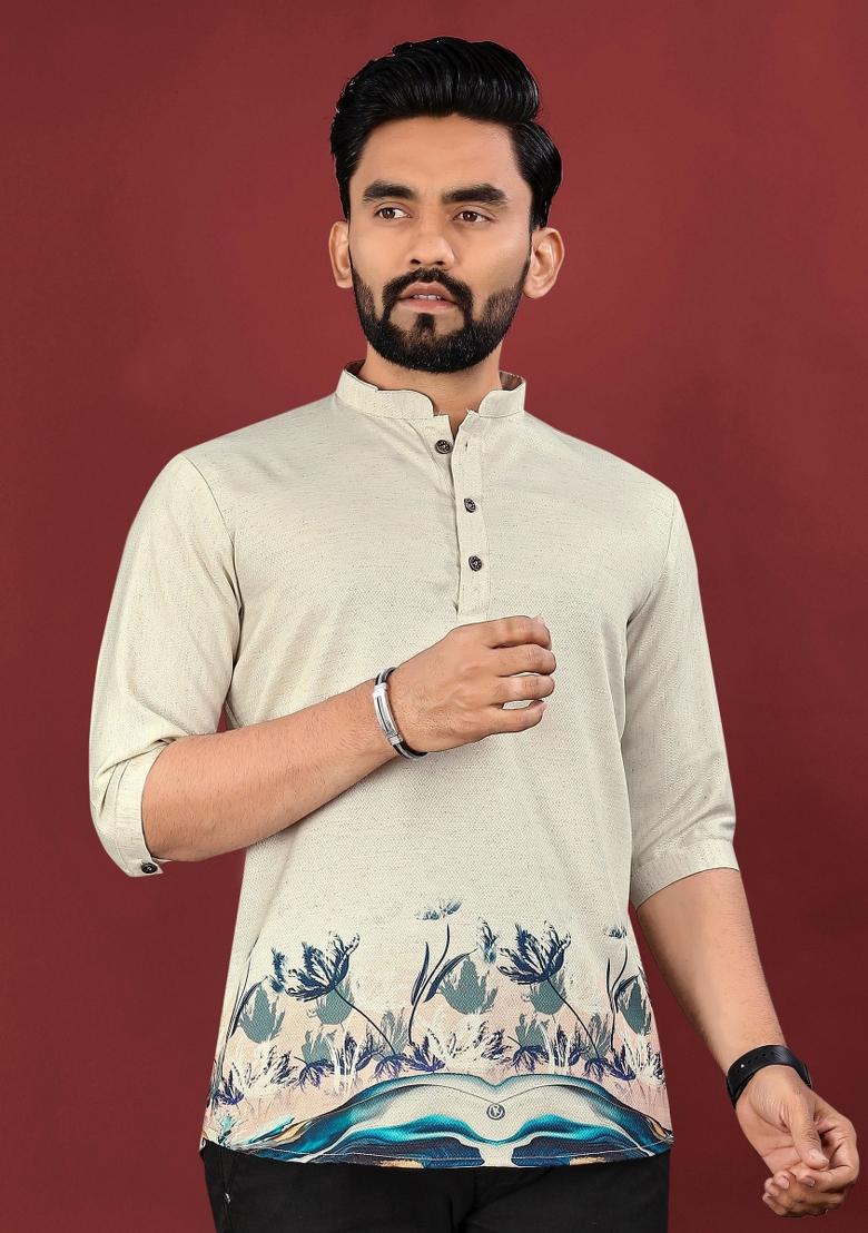 Off White Embroidered Cotton Kurta For Men