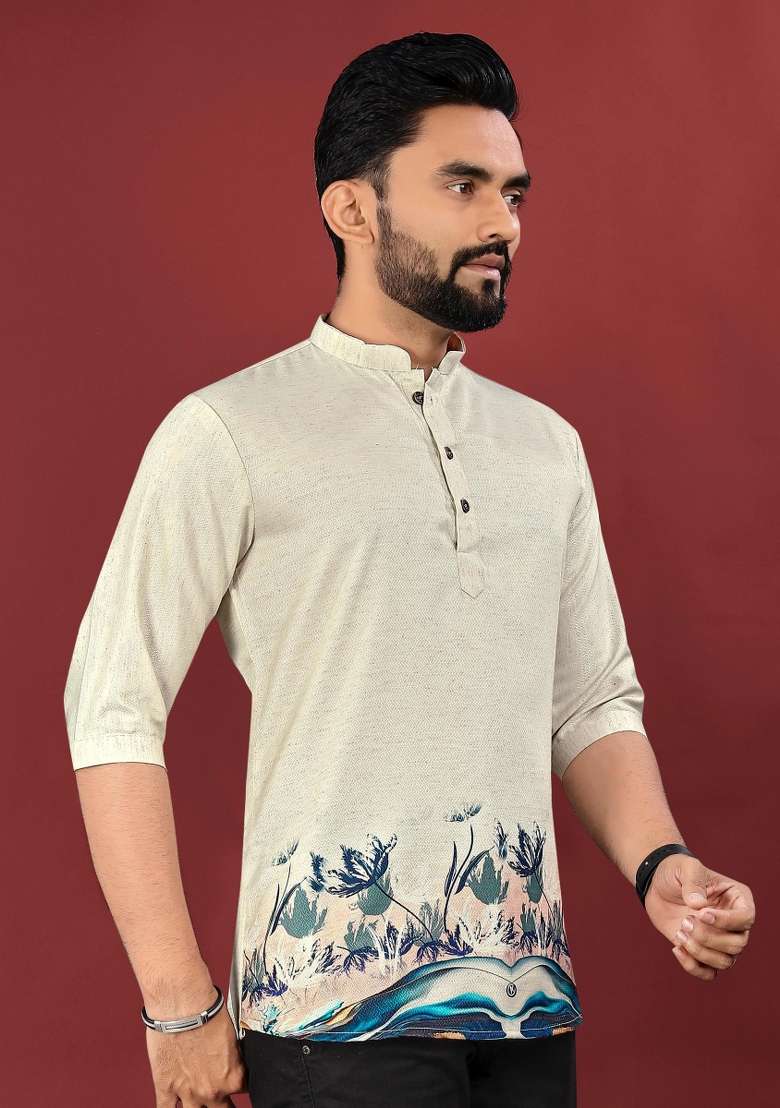 Off White Embroidered Cotton Kurta For Men - Indya