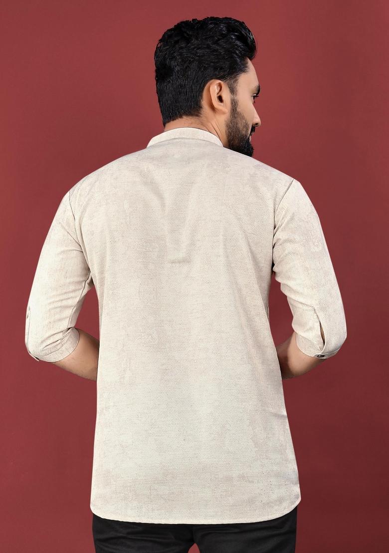 Off White Embroidered Cotton Kurta For Men