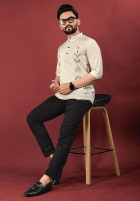 Cream Embroidered Cotton Kurta For Men