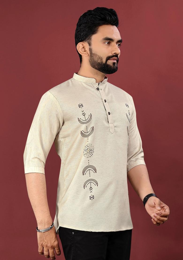 Cream Embroidered Cotton Kurta For Men
