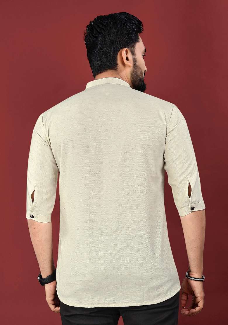 Cream Embroidered Cotton Kurta For Men - Indya