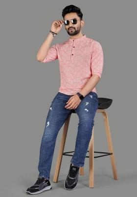 Peach Embroidered Cotton Kurta For Men