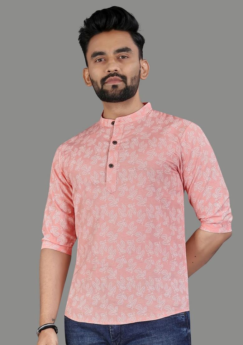 Peach Embroidered Cotton Kurta For Men