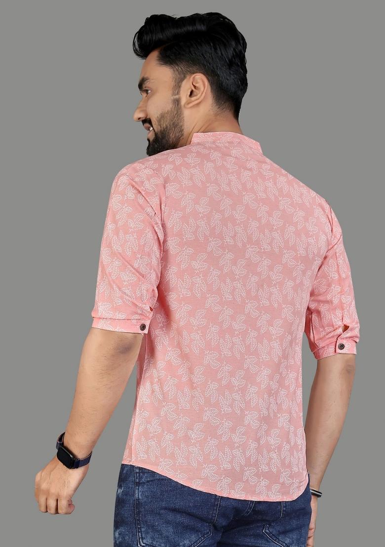 Peach Embroidered Cotton Kurta For Men