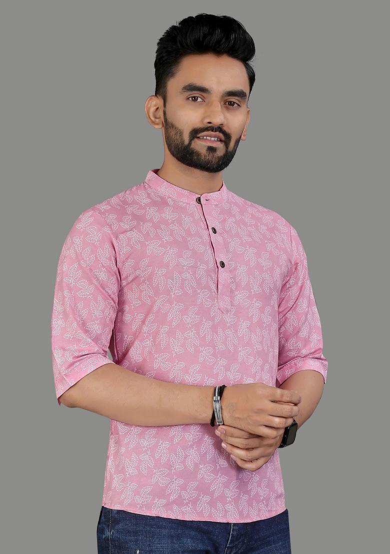 Pink Embroidered Cotton Kurta For Men