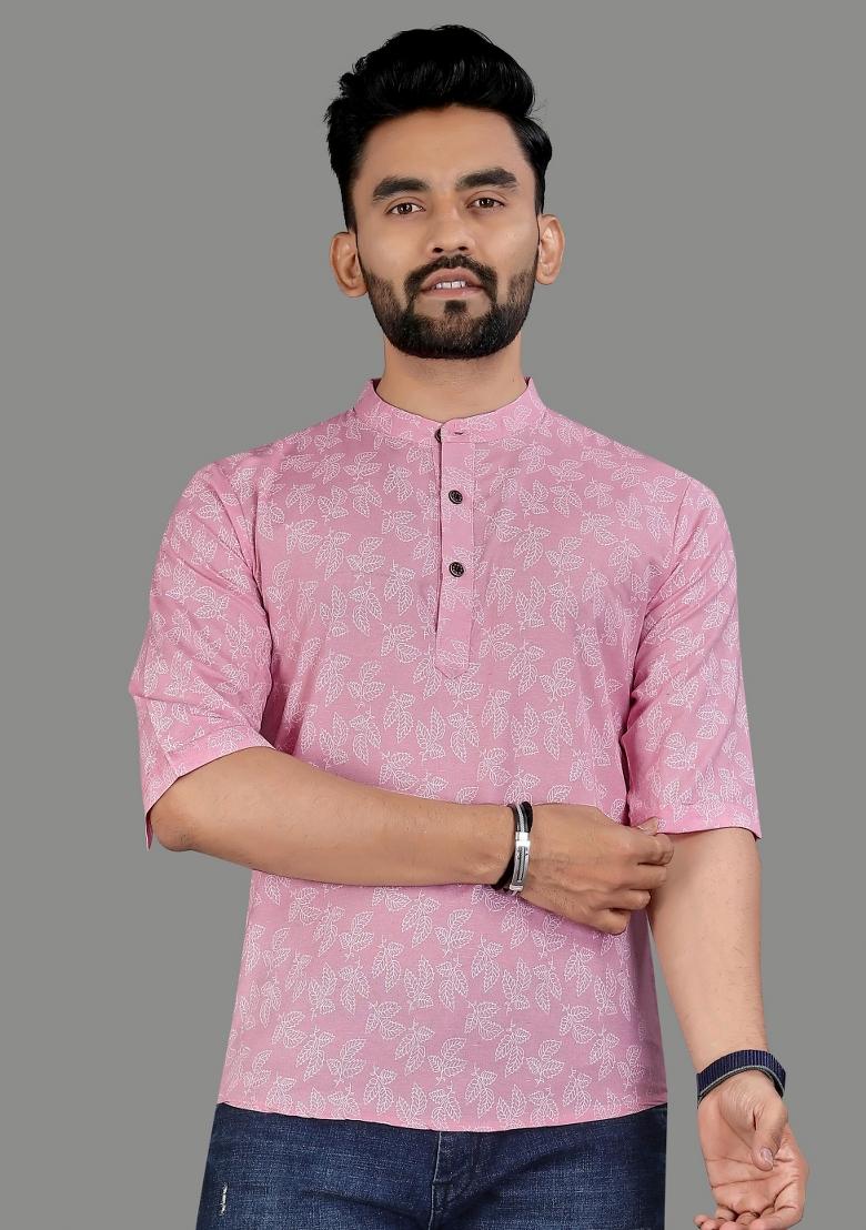 Pink Embroidered Cotton Kurta For Men
