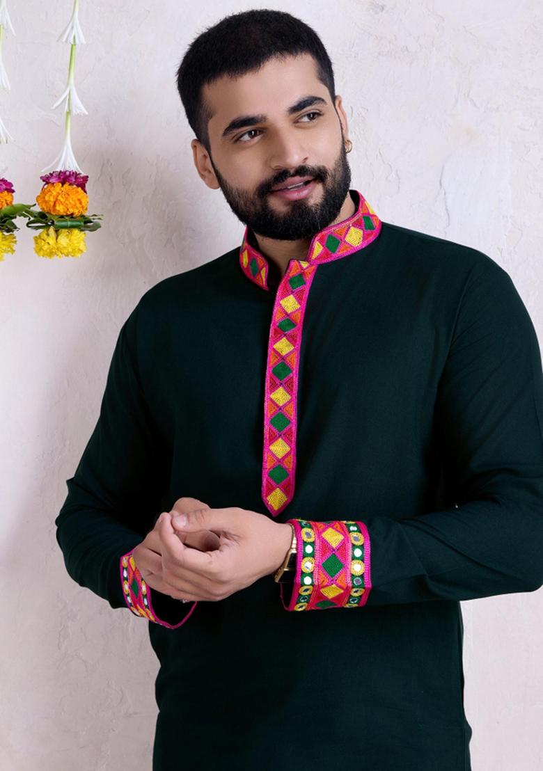 Green Embroidered Rayon Kurta Set For Men