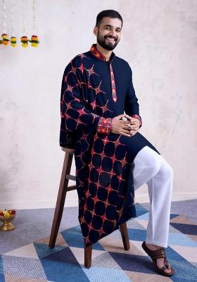 Blue Embroidered Rayon Kurta Set For Men