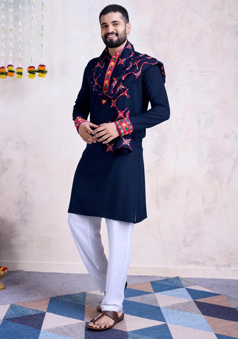 Blue Embroidered Rayon Kurta Set For Men