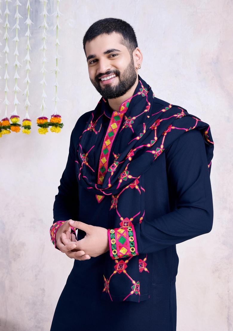 Blue Embroidered Rayon Kurta Set For Men