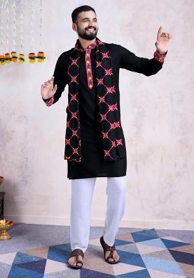 Black Embroidered Rayon Kurta Set For Men
