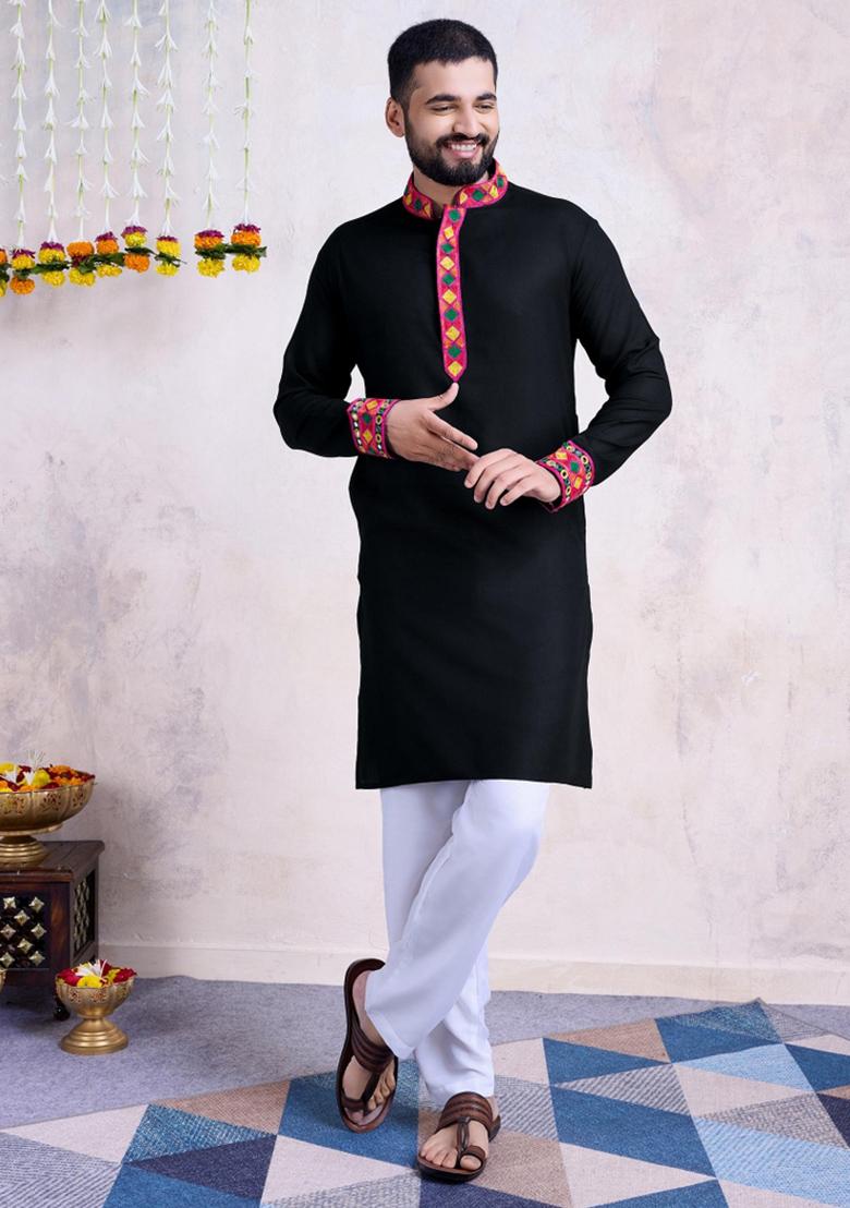 Black Embroidered Rayon Kurta Set For Men