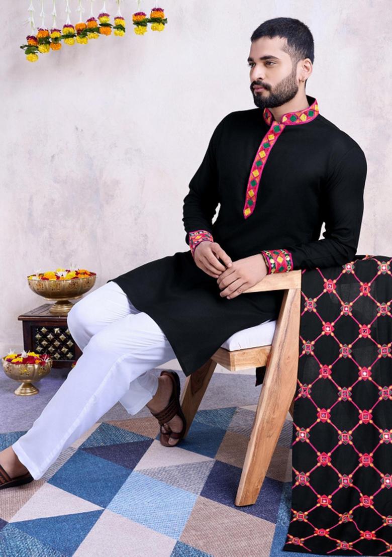 Black Embroidered Rayon Kurta Set For Men