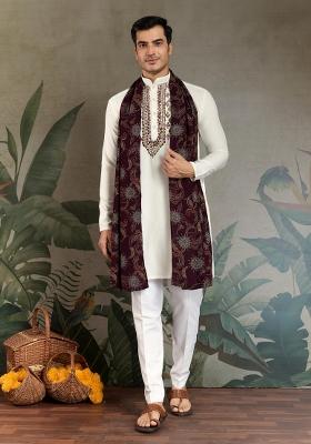 White Embroidered Rayon Kurta Set For Men