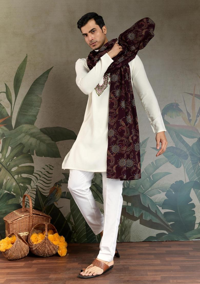 White Embroidered Rayon Kurta Set For Men