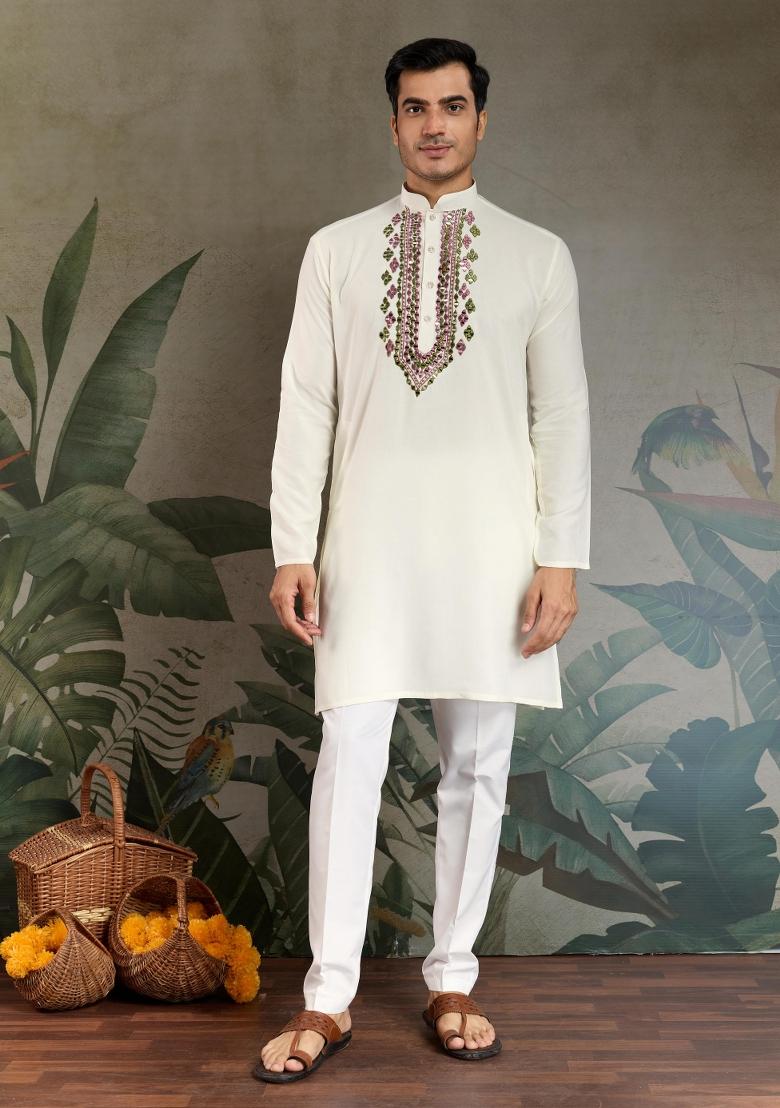White Embroidered Rayon Kurta Set For Men