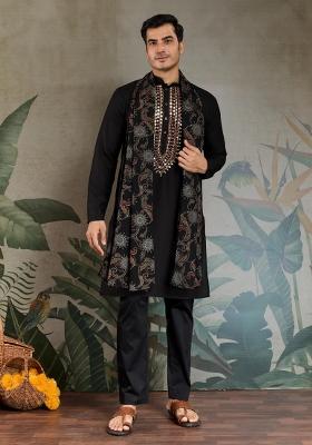 Black Embroidered Rayon Kurta Set For Men
