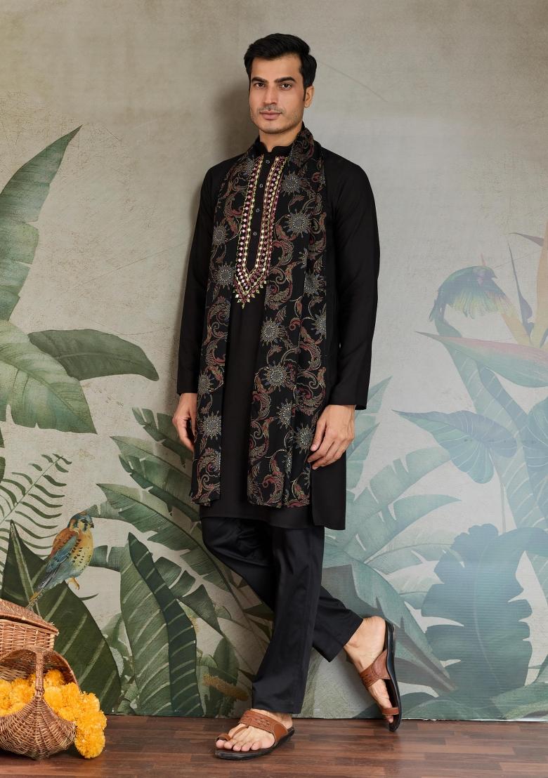 Black Embroidered Rayon Kurta Set For Men