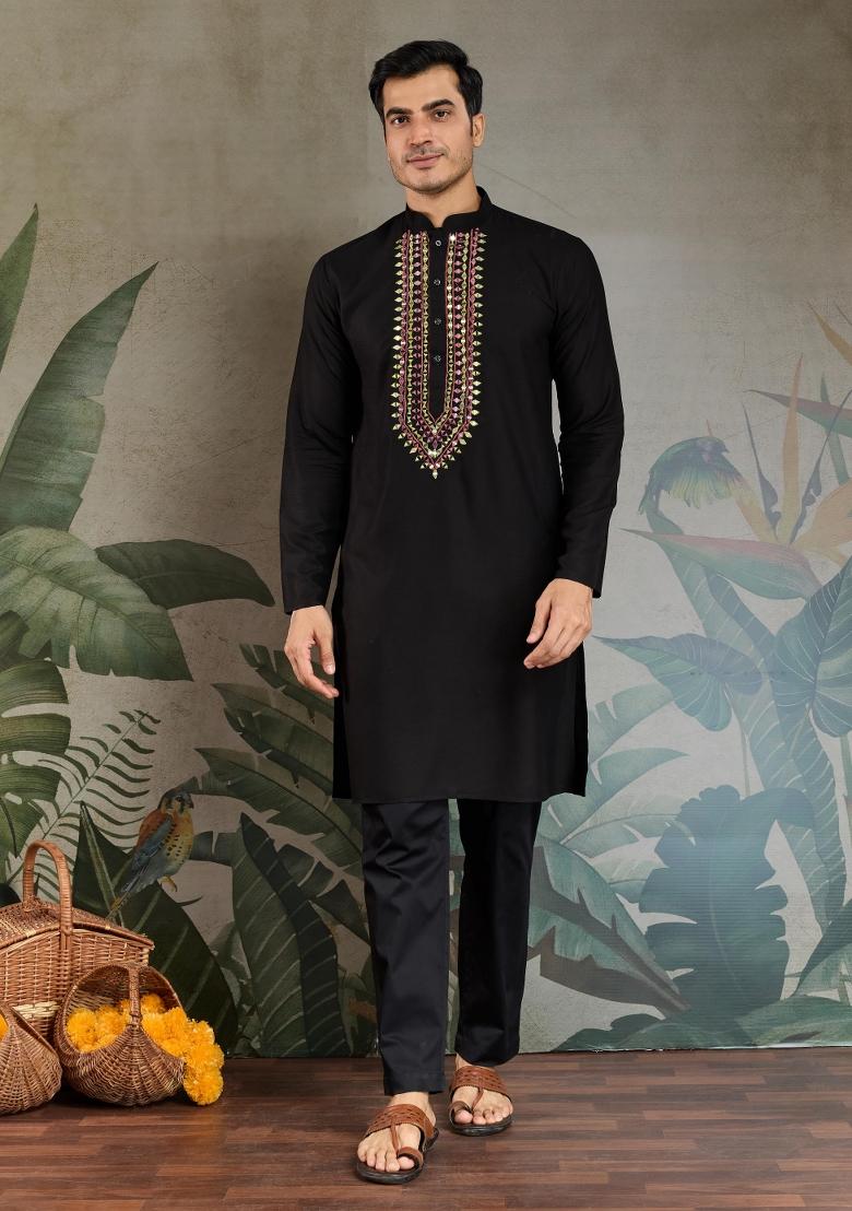 Black Embroidered Rayon Kurta Set For Men