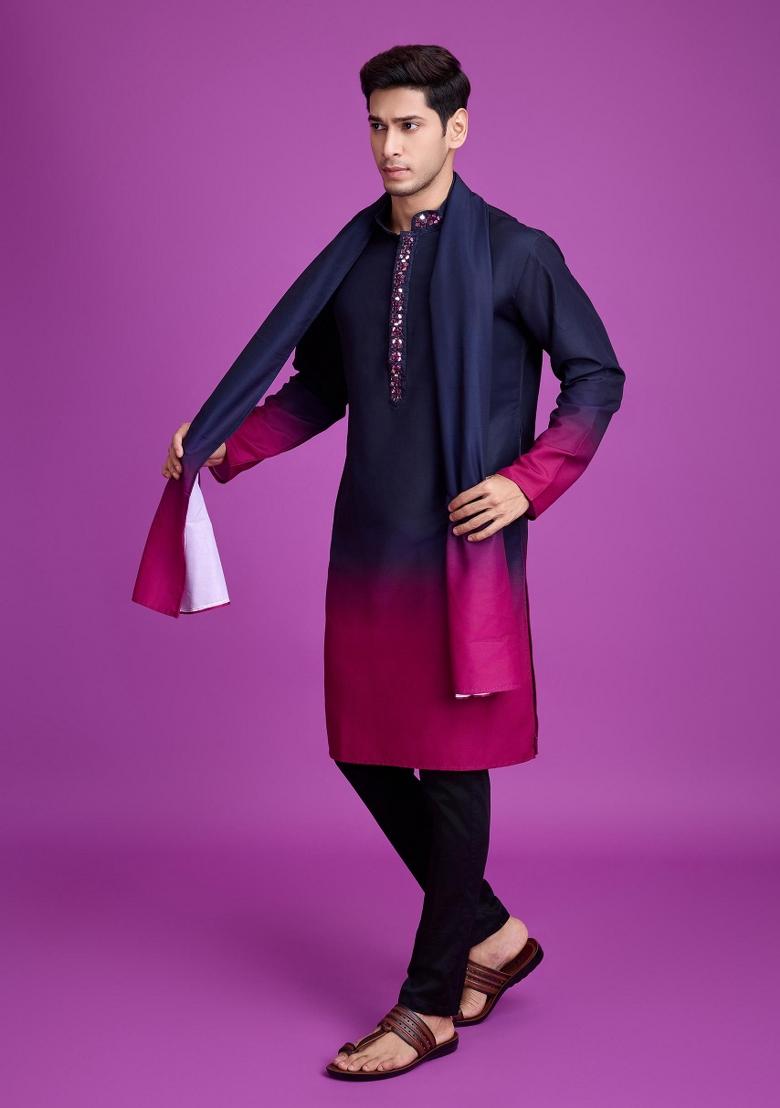 Pink Embroidered Rayon Kurta Set For Men