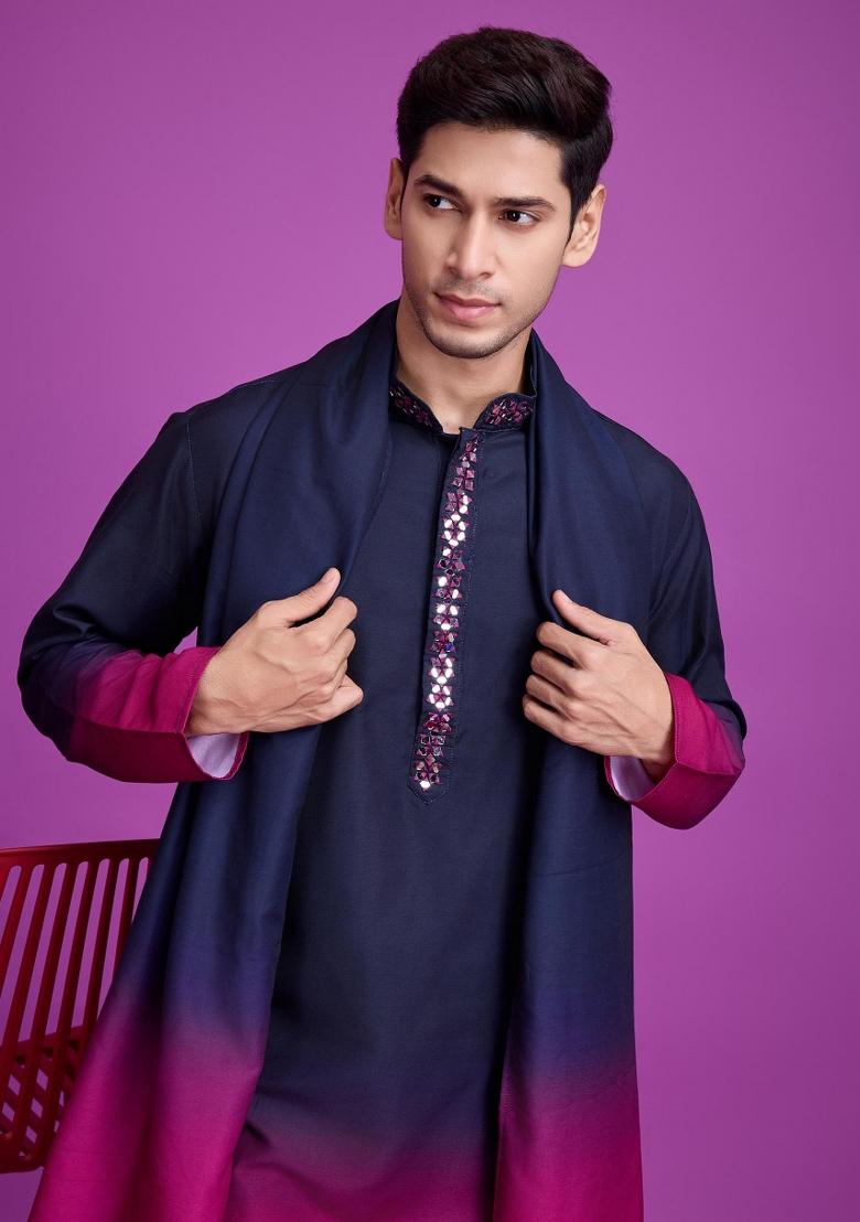 Pink Embroidered Rayon Kurta Set For Men