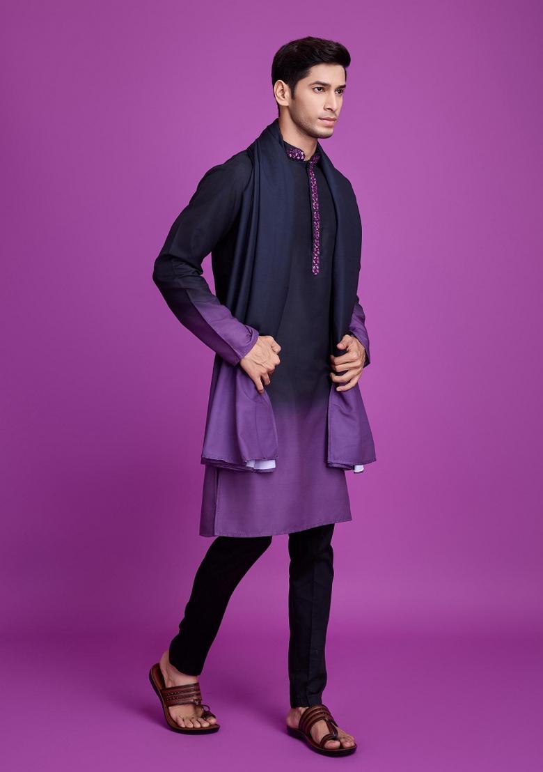 Purple Embroidered Rayon Kurta Set For Men