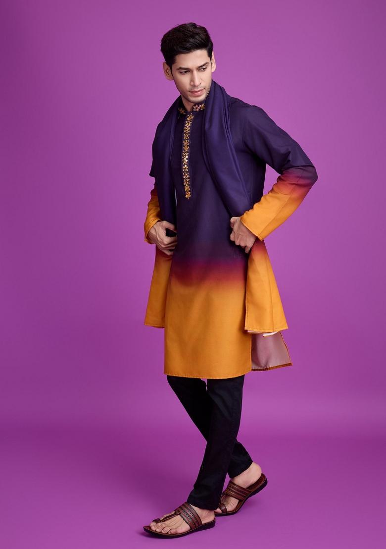 Yellow Embroidered Rayon Kurta Set For Men