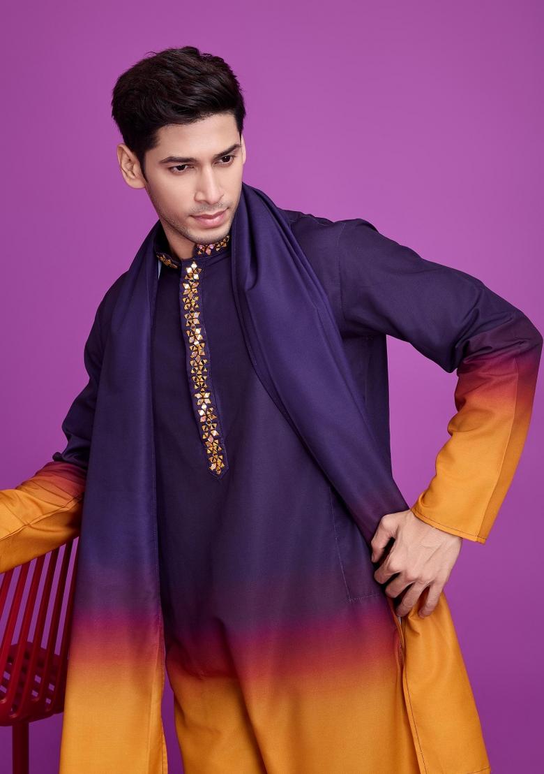 Yellow Embroidered Rayon Kurta Set For Men