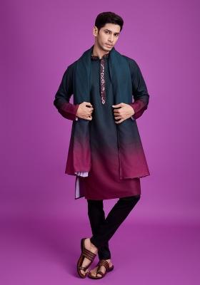 Wine Embroidered Rayon Kurta Set For Men