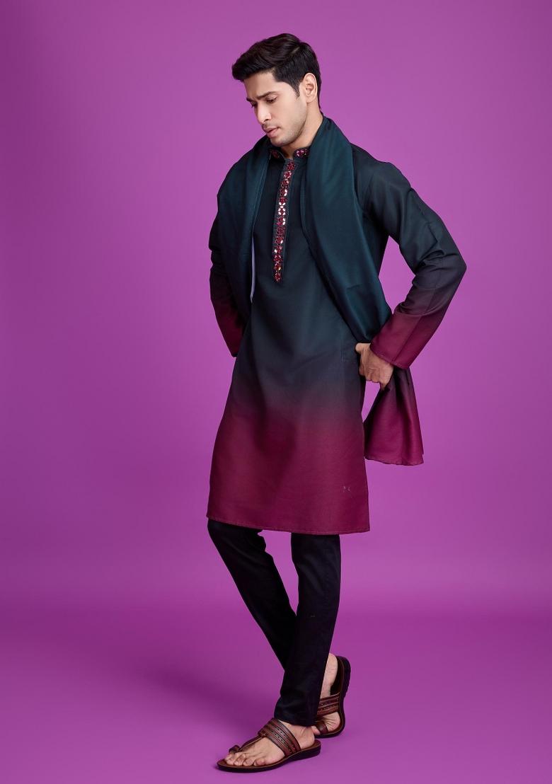 Wine Embroidered Rayon Kurta Set For Men