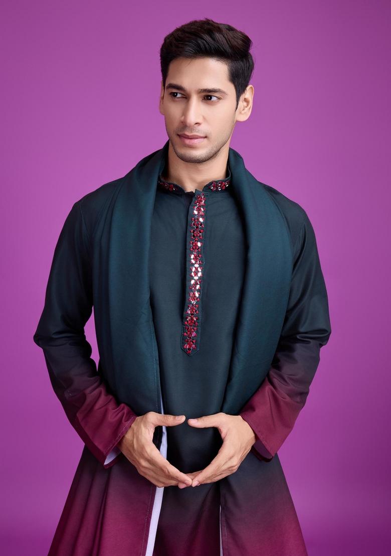 Wine Embroidered Rayon Kurta Set For Men