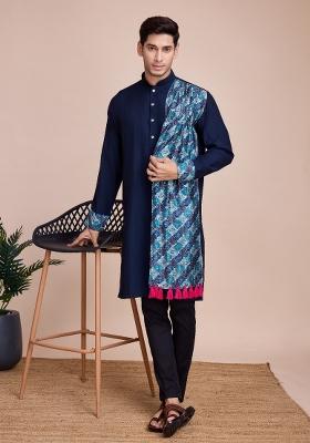 Blue Embroidered Silk Kurta Set For Men