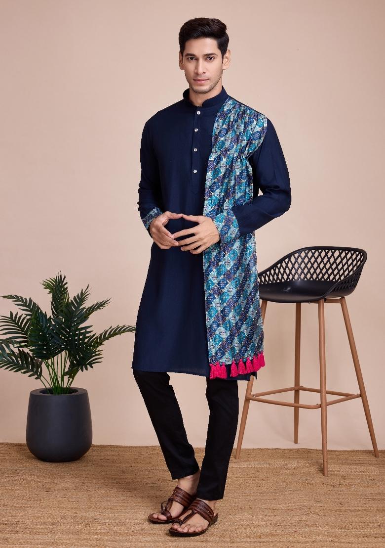 Blue Embroidered Silk Kurta Set For Men
