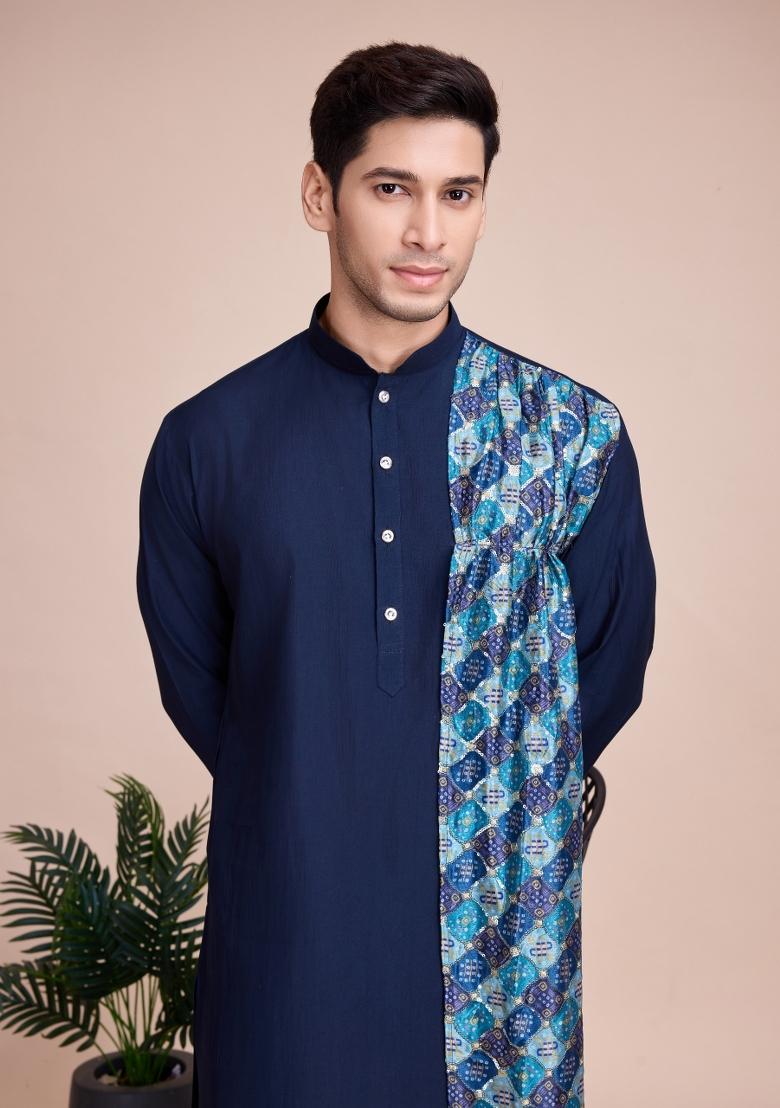 Blue Embroidered Silk Kurta Set For Men
