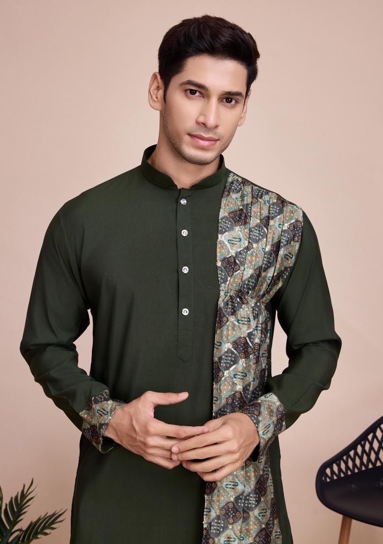Olive Embroidered Silk Kurta Set For Men