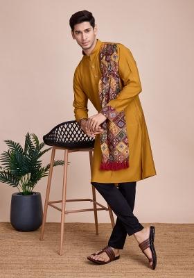 Mustard Yellow Embroidered Silk Kurta Set For Men