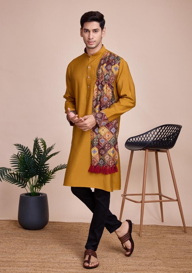 Mustard Yellow Embroidered Silk Kurta Set For Men