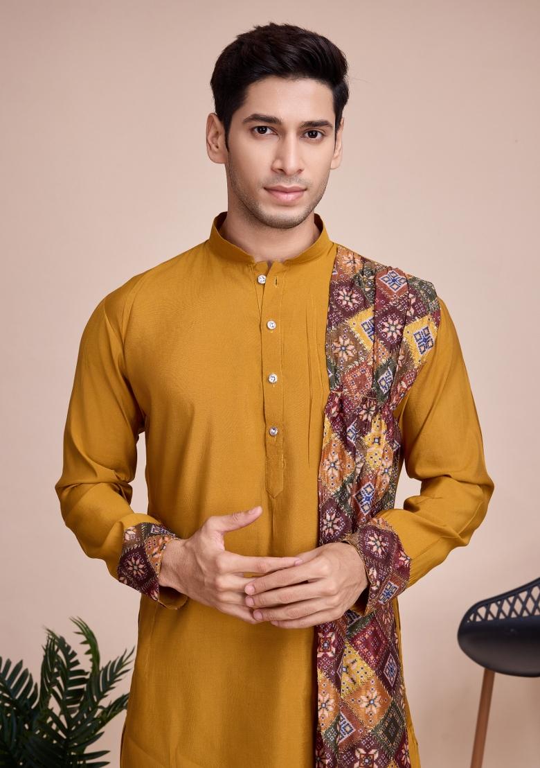 Mustard Yellow Embroidered Silk Kurta Set For Men