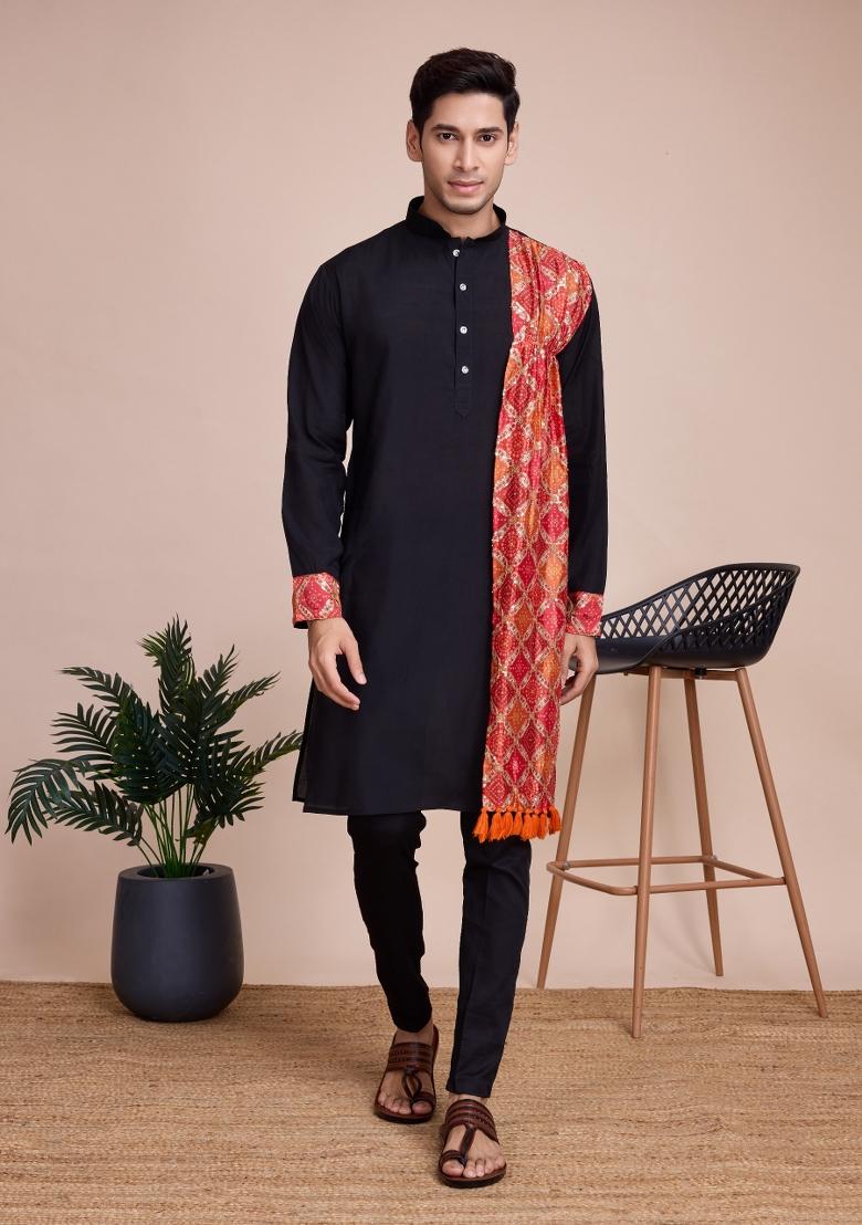 Black Embroidered Silk Kurta Set For Men