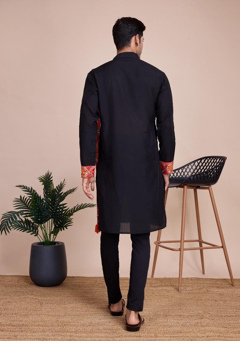 Black Embroidered Silk Kurta Set For Men